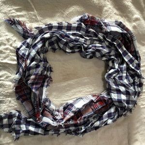 Red, white, navy blue plaid scarf